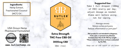 Butler Hemp Extra Strength 3000mg CBD Tincture (THC FREE)