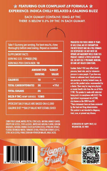 Happy Fruit 15MG D9, Indica Mellow Mango 10CT Gummies